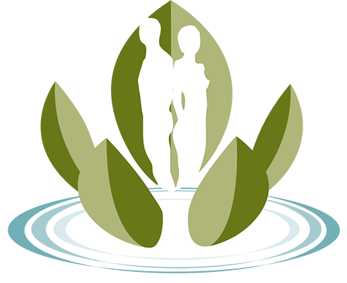 stylized lotus flower with white silloettes of a woman and man back to back
